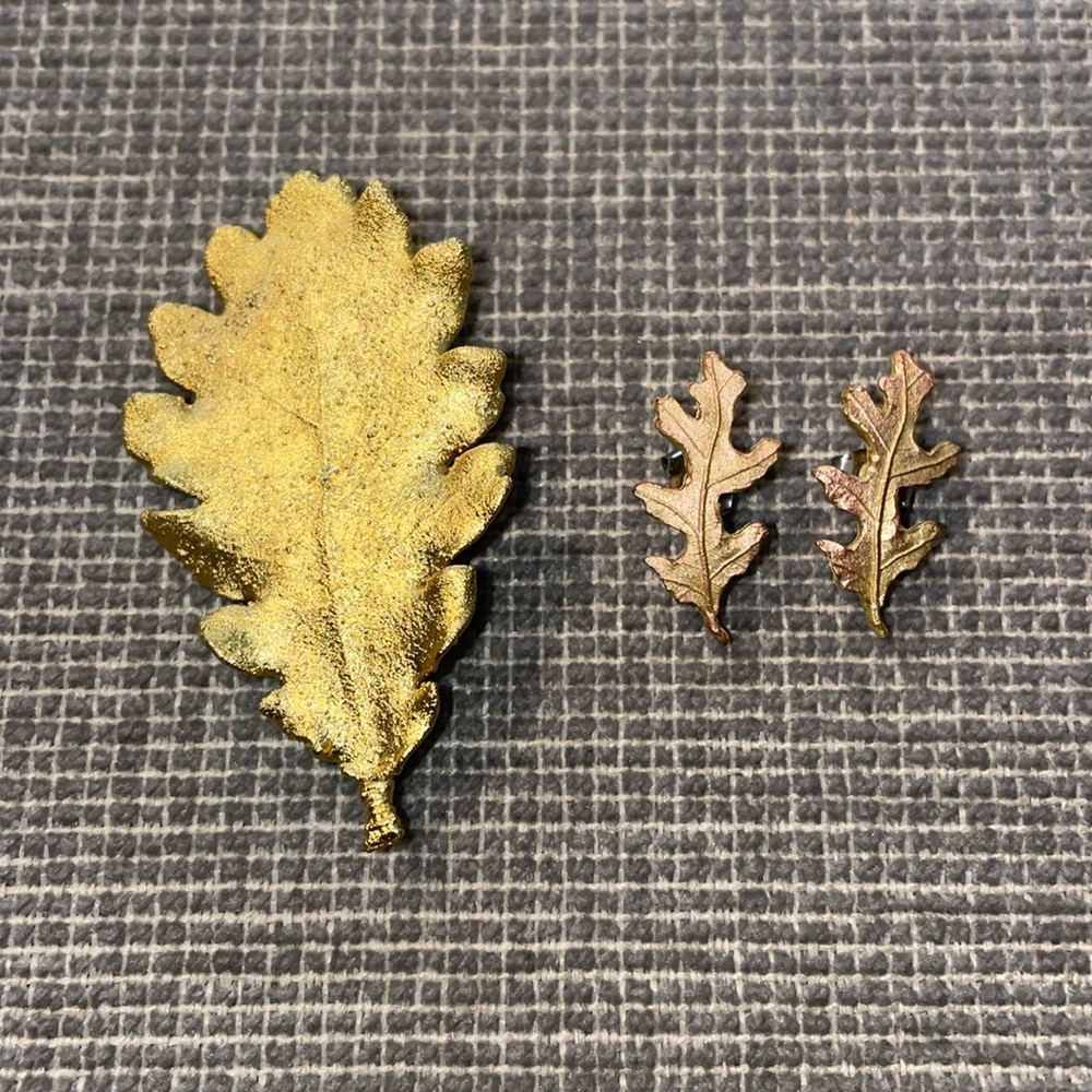Gold Colored Leaf Brooch and Earrings